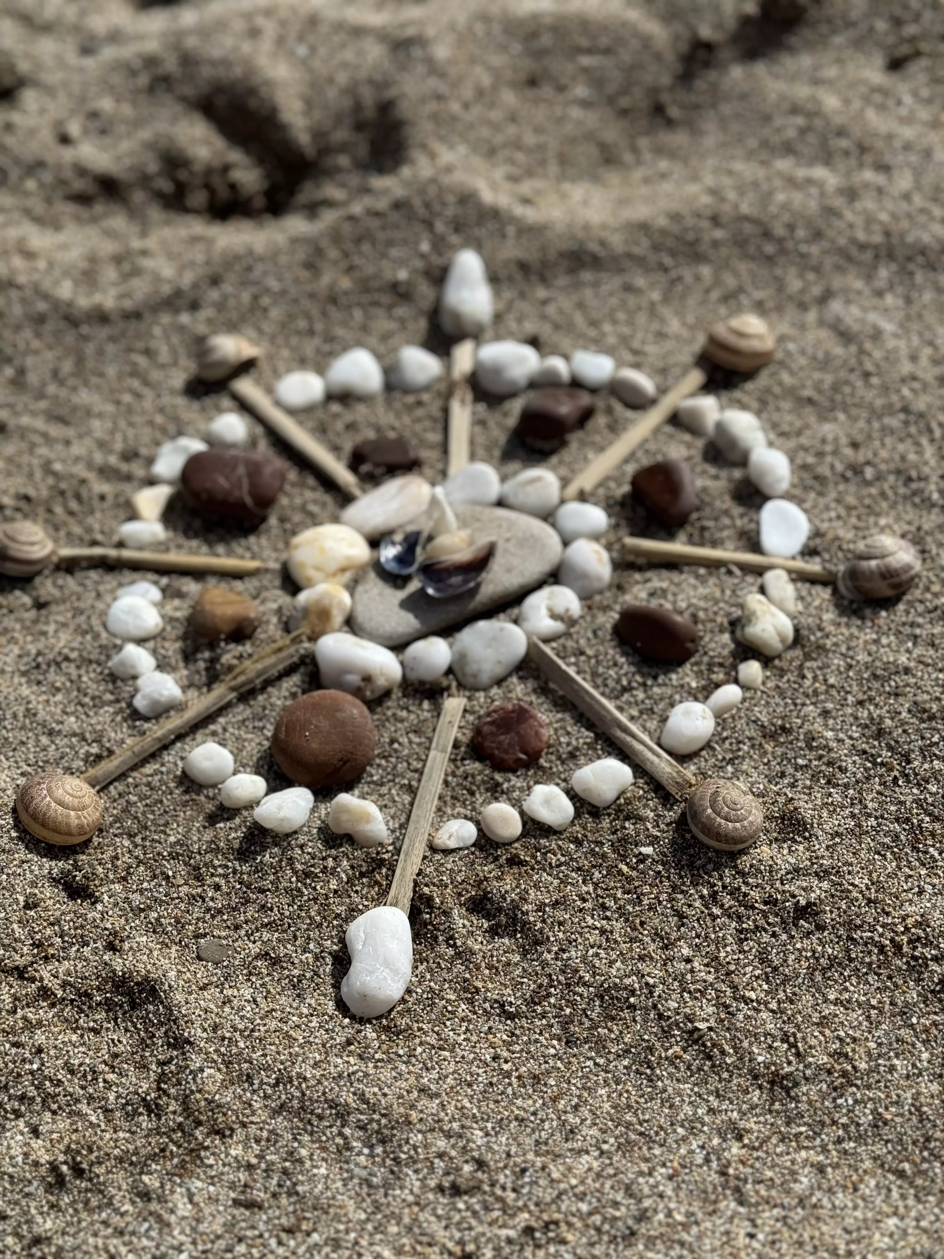 Ein kreatives Strand-Mandala, zusammengesetzt aus gefundenen Naturmaterialien wie Muscheln und Steinen, bietet eine spielerische und künstlerische Aktivität für Kinder jeden Alters am Strand.